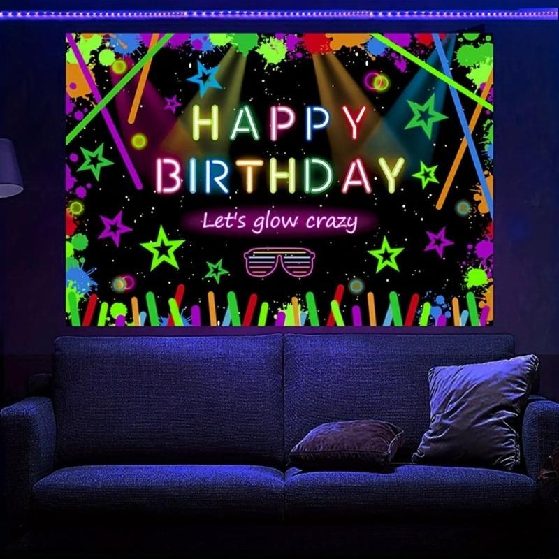 Happy Birthday Party Backdrop, 1 Count Glow in the Dark Party Background Cloth, Party Decoration Supplies for Birthday Party