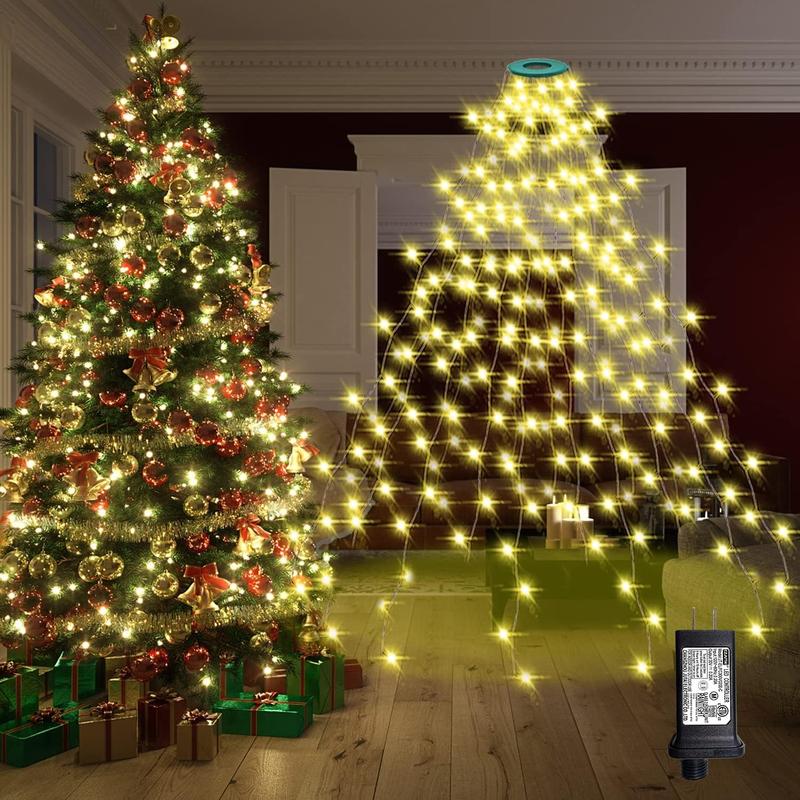 Christmas Tree Lights with Ring, 8.2Ft 16 Line 448 LED Fairy String Lights Plug in, 8 Lighting Modes, for Indoor Outdoor Xmas Tree Wedding Party Decoration (Warm White)