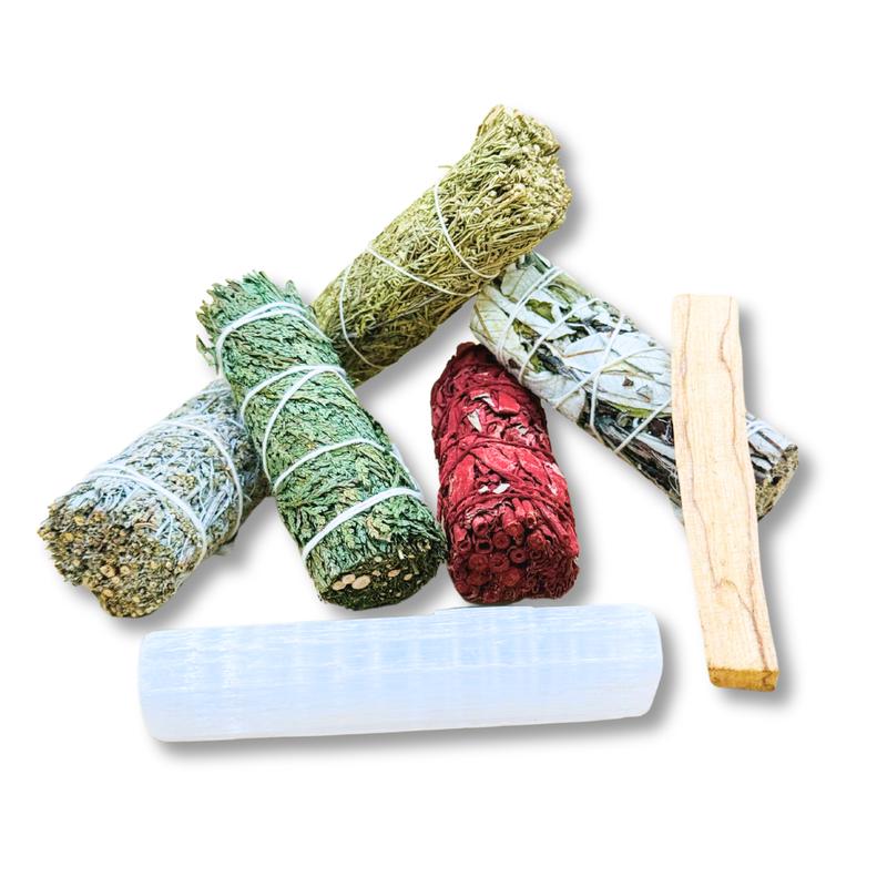 Deep Protection and Cleansing Smudging Sage Pack + Selenite Wand Crystal Set Freshener Perfume Scented