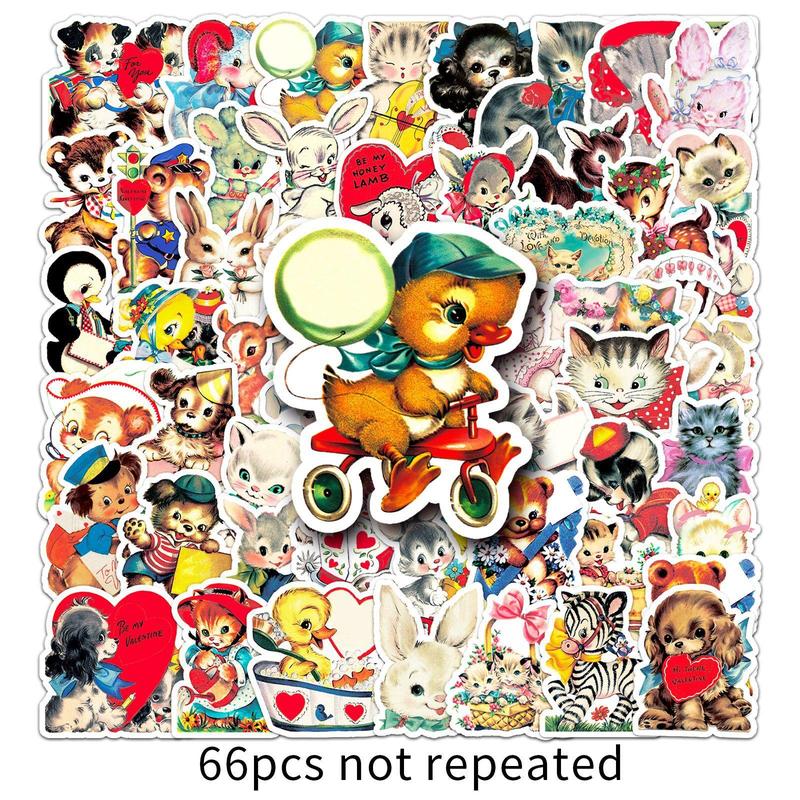 Vintage Cartoon Animal Sticker, 66pcs pack Waterproof Self Adhesive Decor Paper, Decor Sticker for Gift Greeting Card Water Bottle Laptop Phone