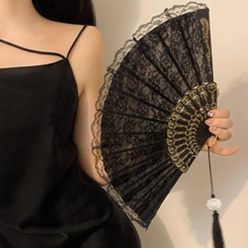 Vintage Lace Folding Fan, Chinese Style Handheld Fan, Portable Summer Hand Fan for Women & Girls, Party Costume Accessories