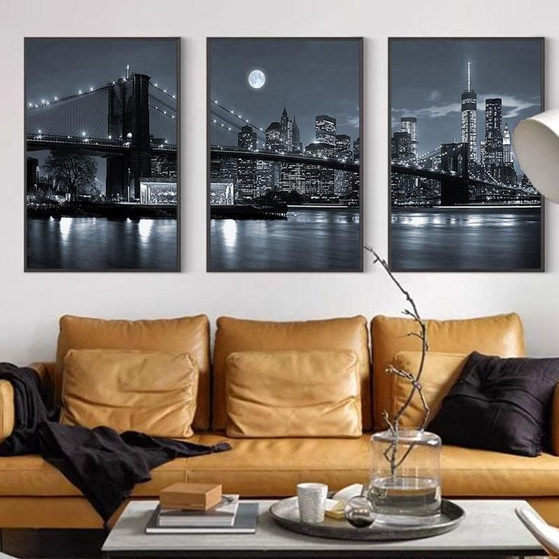 City Night View Pattern Canvas Painting without Frame, 3 Counts set Modern Art Print, Wall Art Decor for Home Living Room & Bedroom