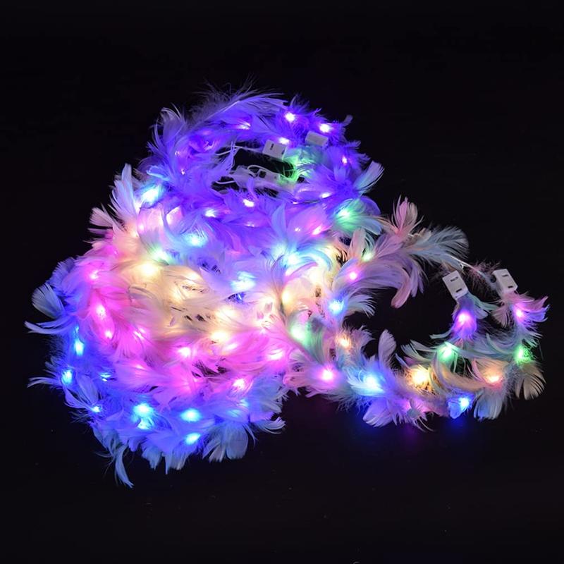 6 Pack Flower Crown, Feather Crown Headband Luminous with 10 LED Lights, Light Up Headdress with Color Changing LED Lights, Cute Flashing Decor Hair ​Accessories for  Women Wedding Festival Party