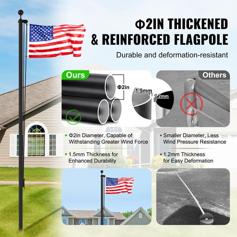 VEVOR 25FT Sectional Flag pole Kit, Heavy Duty Aluminum Alloy in Ground Flag poles for Outside, 3 Display Modes Flagpole with 3x5 American Flag, Professional Accessories, Black Banners Lightweight