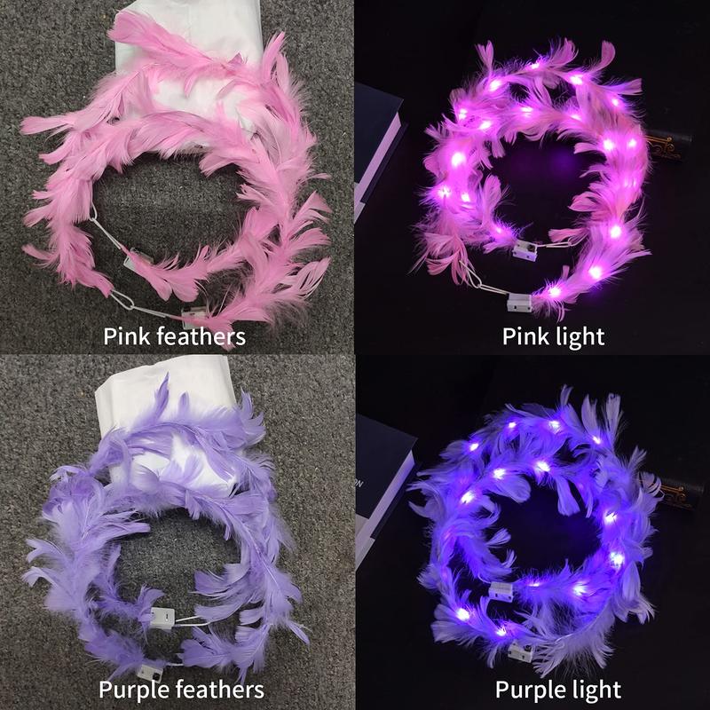 6 Pack Flower Crown, Feather Crown Headband Luminous with 10 LED Lights, Light Up Headdress with Color Changing LED Lights, Cute Flashing Decor Hair ​Accessories for  Women Wedding Festival Party