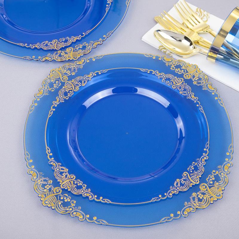 Nervure 350PCS Blue Plastic Plates - Blue Plastic Dinnerware Sets for 50 Guests - 100 Blue Disposable Party Plates, 150Gold Plastic Silverware, 50Cups, 50Napkins for Wedding & Party