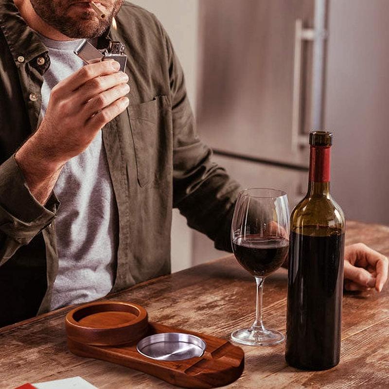 Ashtray Coaster Whiskey Glass Tray and  Holder, Wooden Ash Tray, Slot to Hold ,  Rest,  Accessories Set Gift for Men Dad, Great Decor for Home,Office or Bar