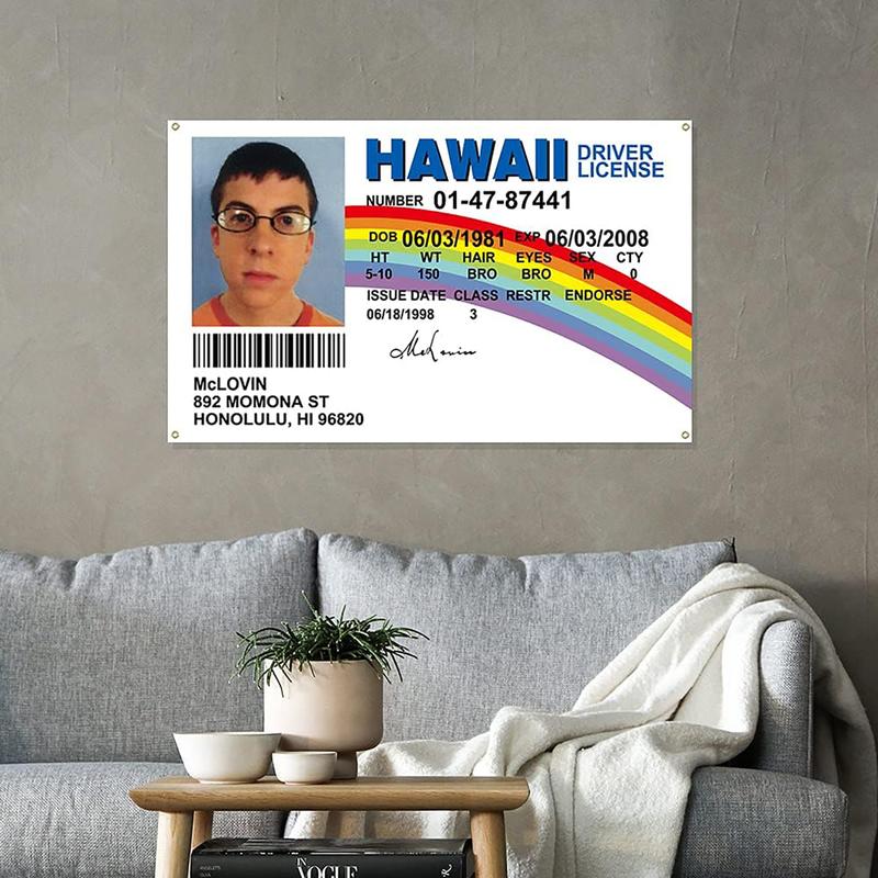 McLovin ID Flag 3x5Ft Driver License Banner 3x5Ft Funny Tapestry for Room College Dorm Decor Indoor Bedroom Outdoor Wall Hangging Flags