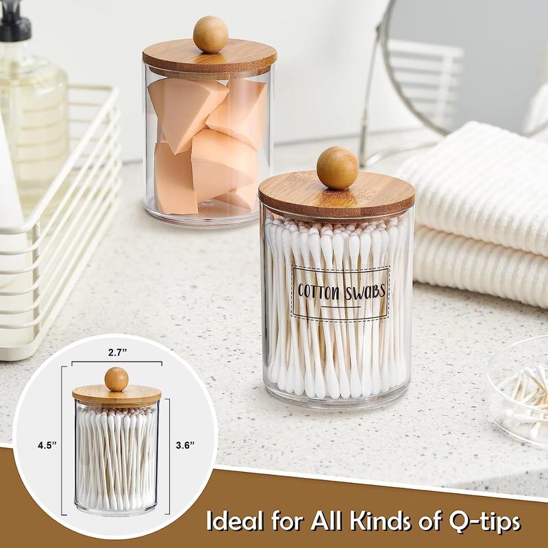 4 Pack Qtip Holder Dispenser with Bamboo Lids - 10 oz Clear Plastic Bottles Round Containers Transparent