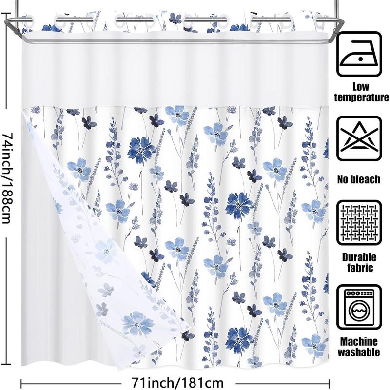 No Hook Shower Curtain with Snap in Liner, Blue Watercolor Floral Shower Curtain with Liner, Hotel Style Shower Curtain with See Through Top Window, Double Layer, Waterproof