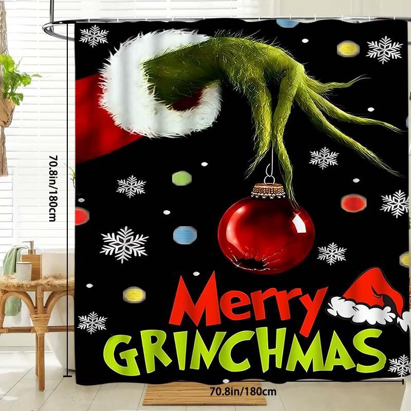 Grinch Pattern Shower Curtain, 1 Count Waterproof Shower Curtain with 12 Hooks, Bathroom Decor Supplies for Home Hotel Salon Dormitory