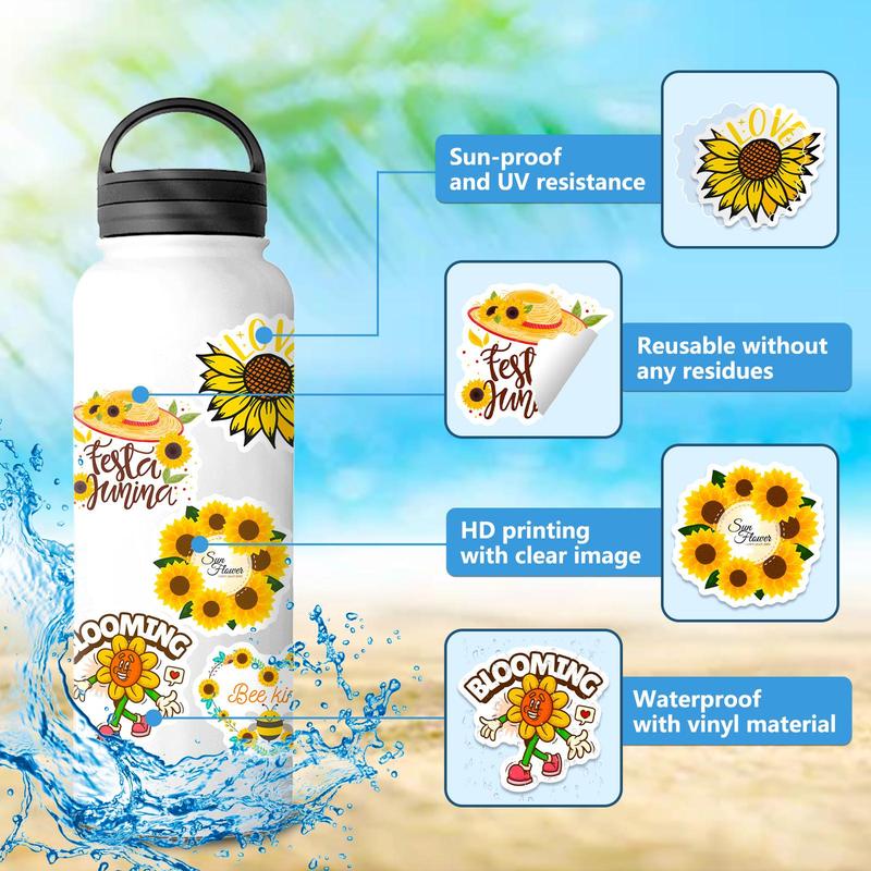 50pcs Pack Sunflower Pattern Sticker, Cute Cartoon Sticker For Phone Case, Computer, Guitar, Bag, Water Cup, Scrapbook