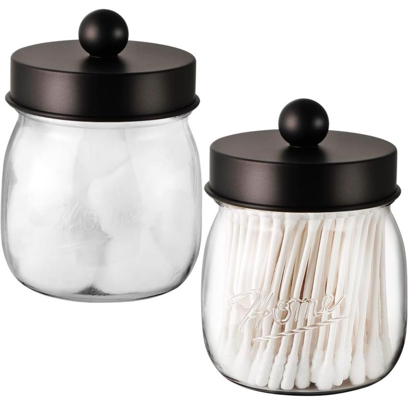 Farmhouse Decor Apothecary Jar Set,Mason Jar Bathroom Vanity Storage Organizer Canister - Qtip Holder Plastic Acrylic Jar for Cotton Swabs,Cotton Pads,Floss Picks,Paper Clips,Hair Clips(2 Pack,Bronze)