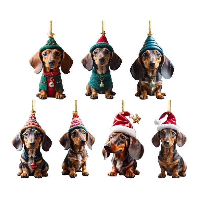 Cute Dachshund Design Christmas Tree Decoration, 7 Counts set Acrylic Dog Ornament, Holiday Hanging Decoration for Home Party Festival