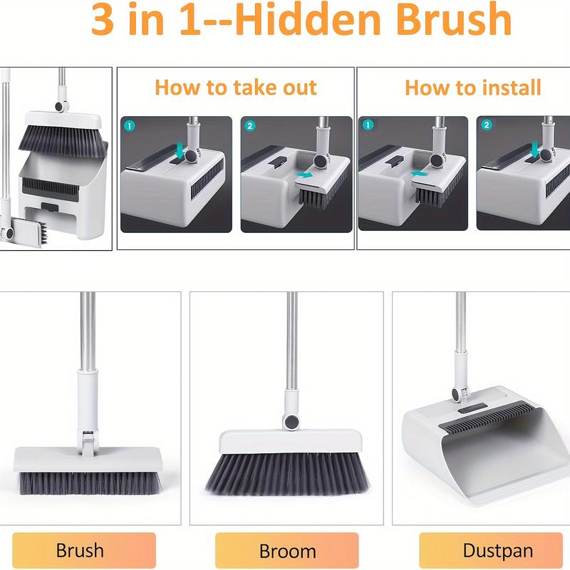 3-in-1 Broom and Dustpan Combination Set: Set-Efficient Broom and Dustpan Combination and Floor Brush, Heavy-Duty Long Handle Broom, Suitable for Indoor and Outdoor Cleaning