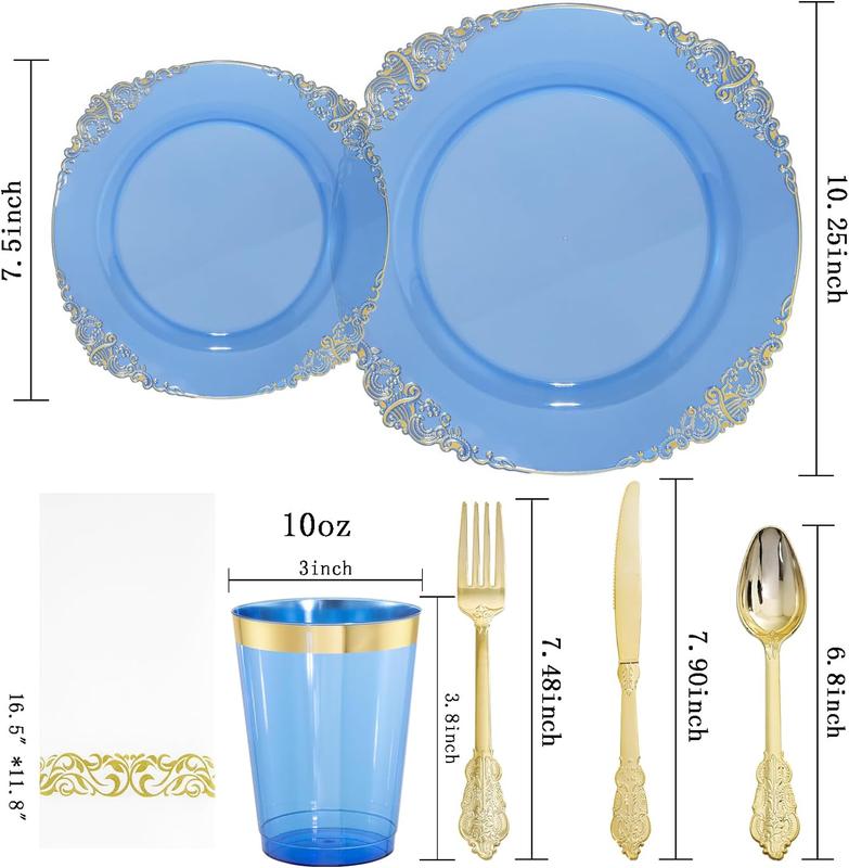 Nervure 350PCS Blue Plastic Plates - Blue Plastic Dinnerware Sets for 50 Guests - 100 Blue Disposable Party Plates, 150Gold Plastic Silverware, 50Cups, 50Napkins for Wedding & Party