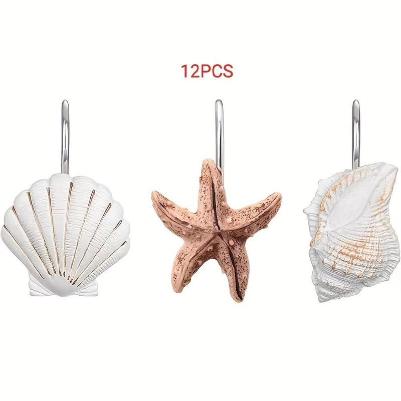 Starfish & Shells Design 3 Styles Shower Curtain Hook (12pcs), Durable Shower Curtain Hook, Bathroom Gadgets for Home Bathroom Decor