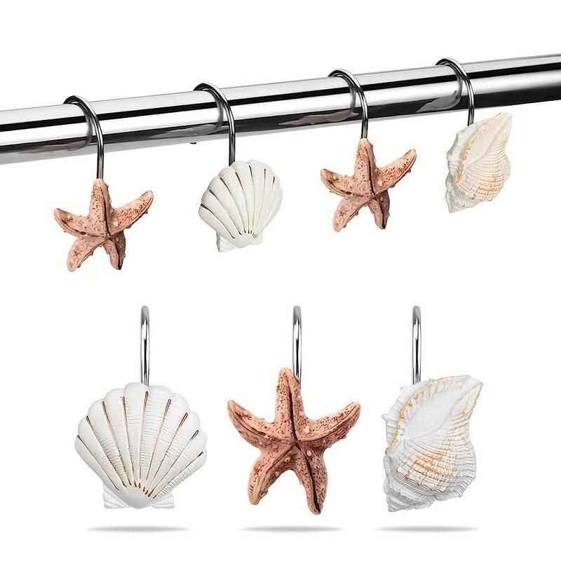 Starfish & Shells Design 3 Styles Shower Curtain Hook (12pcs), Durable Shower Curtain Hook, Bathroom Gadgets for Home Bathroom Decor