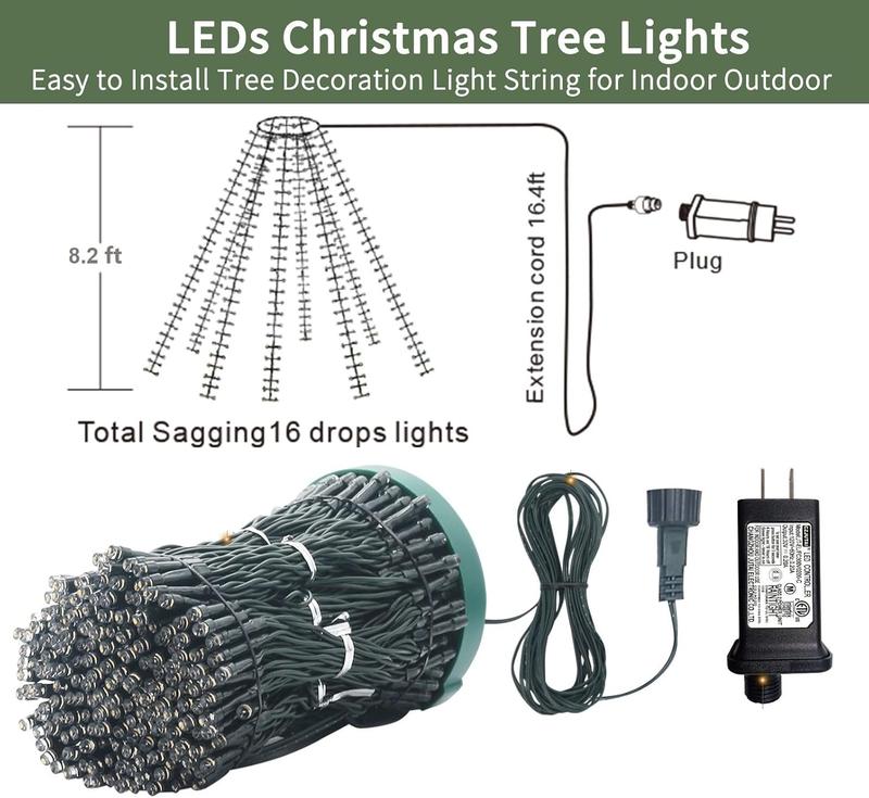 Christmas Tree Lights with Ring, 8.2Ft 16 Line 448 LED Fairy String Lights Plug in, 8 Lighting Modes, for Indoor Outdoor Xmas Tree Wedding Party Decoration (Warm White)