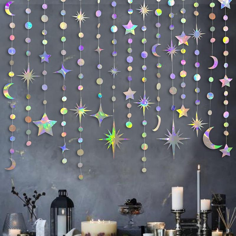 Iridescent Star Moon Circle Dot Garland Party Decoration Kit Hanging Crescent and Twinkle Little Star Streamer Bunting Banner