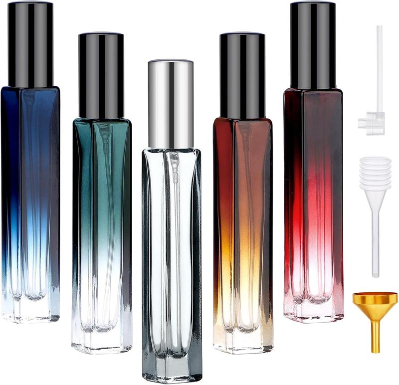 Glass Perfume Bottle Set, 5 Pack of 10ML Portable Perfume Travel Refillable, Empty Atomizer Sprayer for Perfume Cologne Dispenser, Travel Sample Bottles Perfume Making Kit with Refill Tool Lightweight Tin