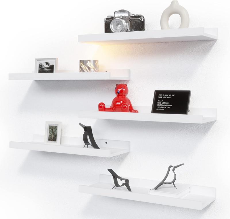 5 Set White Floating Shelves, Wall Mounted Shelves for Wall Decor, Modern Picture Ledge Shelf with Lip for Wall Storage Nursery, Bedroom, Living Room, Bathroom - White