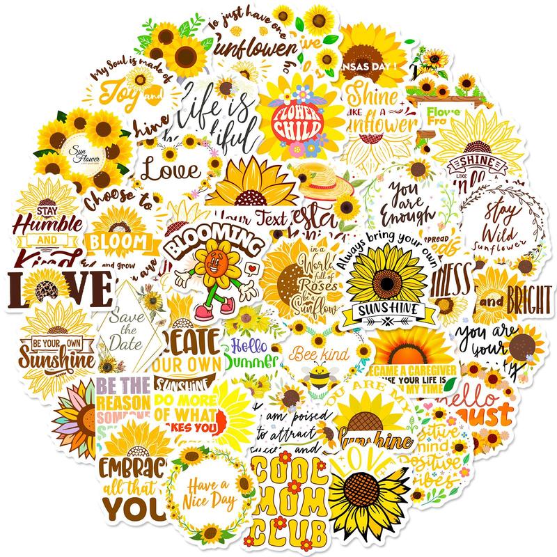 50pcs Pack Sunflower Pattern Sticker, Cute Cartoon Sticker For Phone Case, Computer, Guitar, Bag, Water Cup, Scrapbook