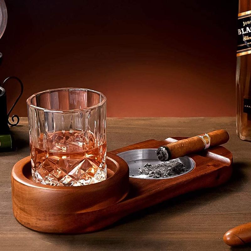 Ashtray Coaster Whiskey Glass Tray and  Holder, Wooden Ash Tray, Slot to Hold ,  Rest,  Accessories Set Gift for Men Dad, Great Decor for Home,Office or Bar