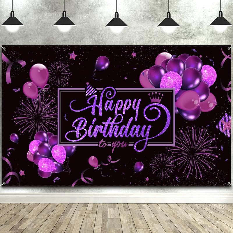 Happy Birthday Backdrop Banner Sign Poster Large Fabric Glitter Balloon Fireworks Sign Birthday Photo Backdrop Background for Birthday Party Decoration Supplies, 72.8 x 43.3in (Black and Gold)