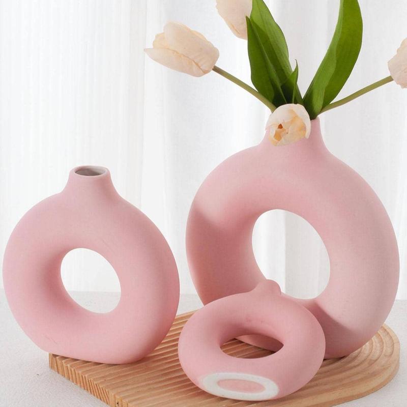 Creative DIY Summer Home Decor Donut Shaped Flower Vase, 1 Count Solid Color Minimalist Hollow Aesthetic Ceramic Vase, Room Decor Cool Vase, Summer Gifts, Boyfriend Gifts