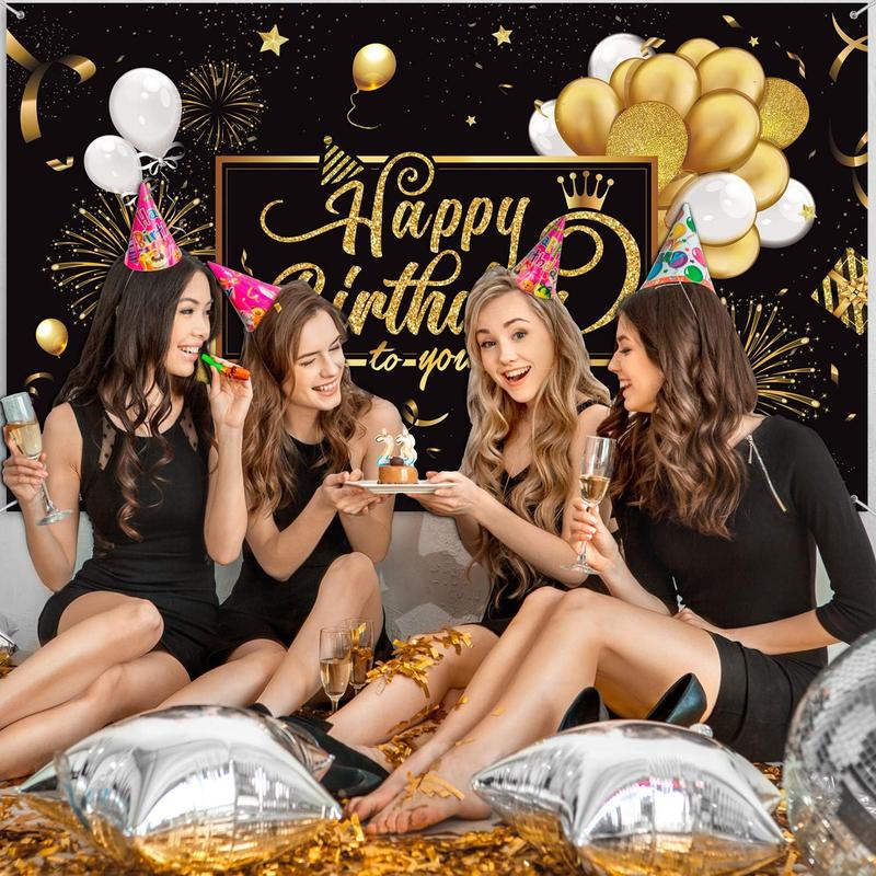 Happy Birthday Backdrop Banner Sign Poster Large Fabric Glitter Balloon Fireworks Sign Birthday Photo Backdrop Background for Birthday Party Decoration Supplies, 72.8 x 43.3in (Black and Gold)