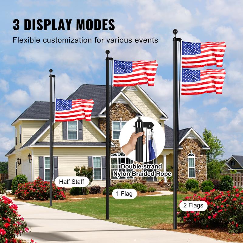 VEVOR 25FT Sectional Flag pole Kit, Heavy Duty Aluminum Alloy in Ground Flag poles for Outside, 3 Display Modes Flagpole with 3x5 American Flag, Professional Accessories, Black Banners Lightweight