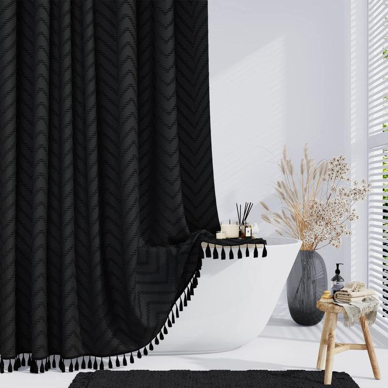 Boho Farmhouse Shower Curtain, Black Fabric Tufted Chevron Striped Textured Tassel Shower Curtains for Bathroom, Water Repellent, Minimalist Ruffled Cloth Shower Curtain Set with Hook, 72x72