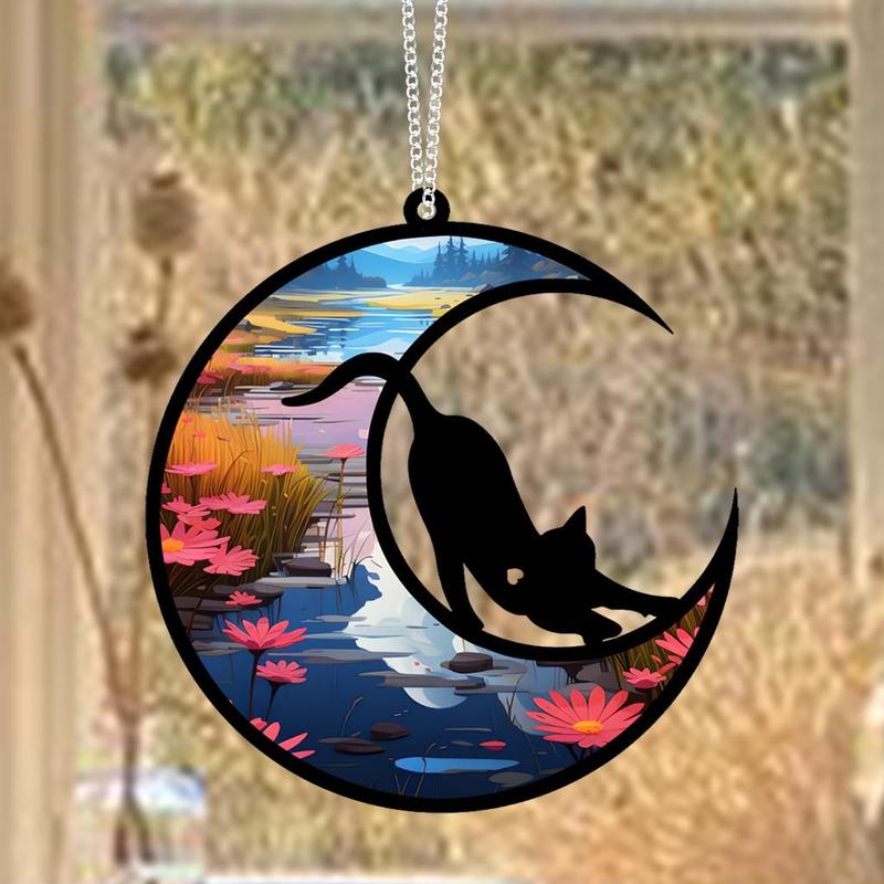 Cat & Moon Pattern Colorful Hanging Decor, 1 Set Round Hanging Decor with Chain & Hook, Wall Decor for Home Living Room Bedroom