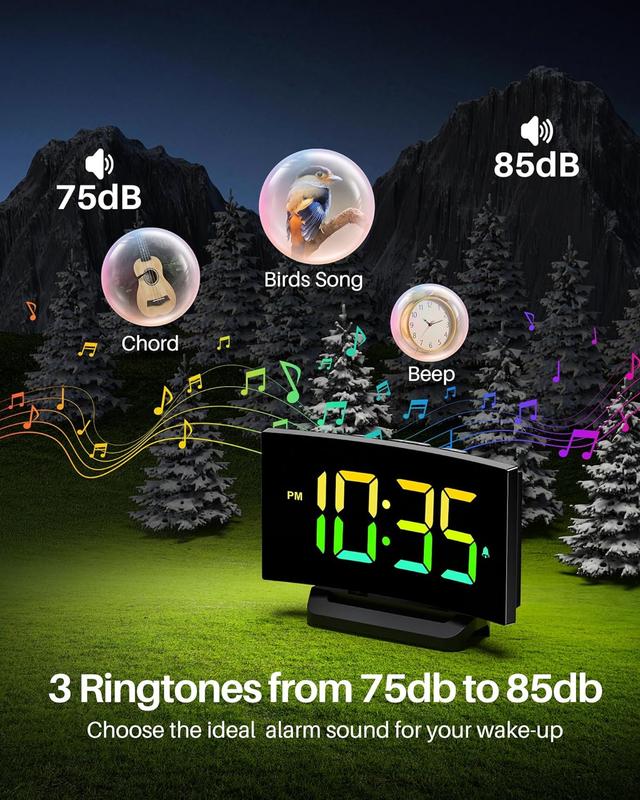 [GOLOZA]Digital Alarm Clock 6-Color RGB Display,5 Level Brightness+Off,2Volume Settings,3 Tones,Snooze,Power-Off Memory,12 24h Format,Adjustable Light