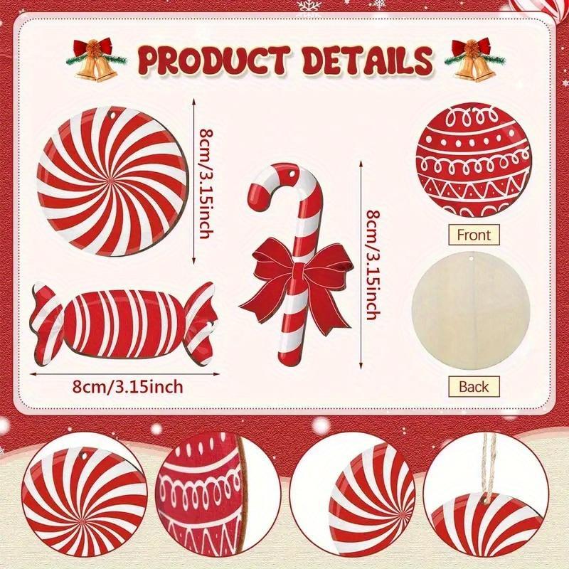 Wooden Christmas Candy Cane Shaped Hanging Ornament, 20pcs set 10 Styles Cute Lovely Hanging Decoration, Christmas Party Decoration Supplies