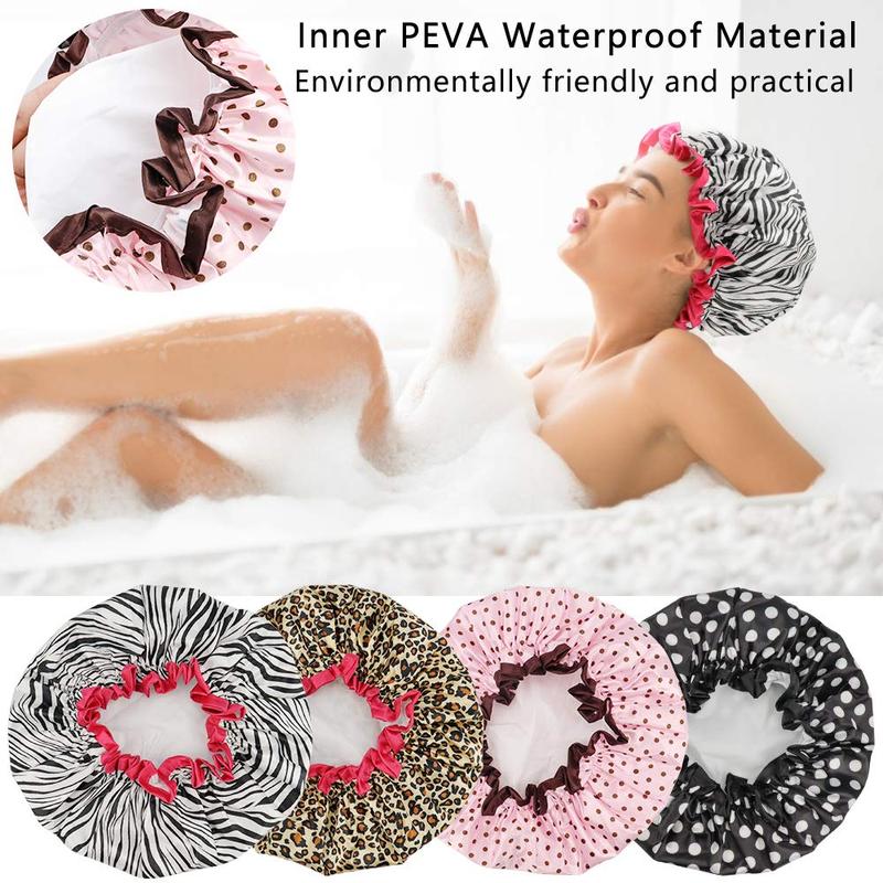 4 Pieces Shower Cap for Women, Elastic and Reusable, Environmental Protection Hair Bath Caps, Double Waterproof Layers Bathing Hat