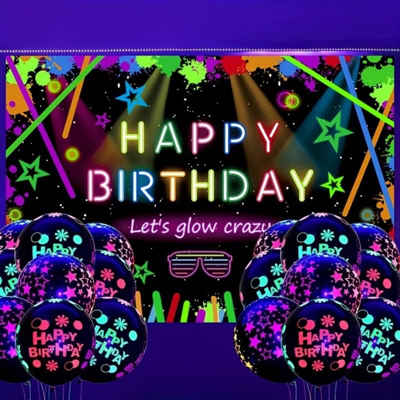 Happy Birthday Party Backdrop, 1 Count Glow in the Dark Party Background Cloth, Party Decoration Supplies for Birthday Party