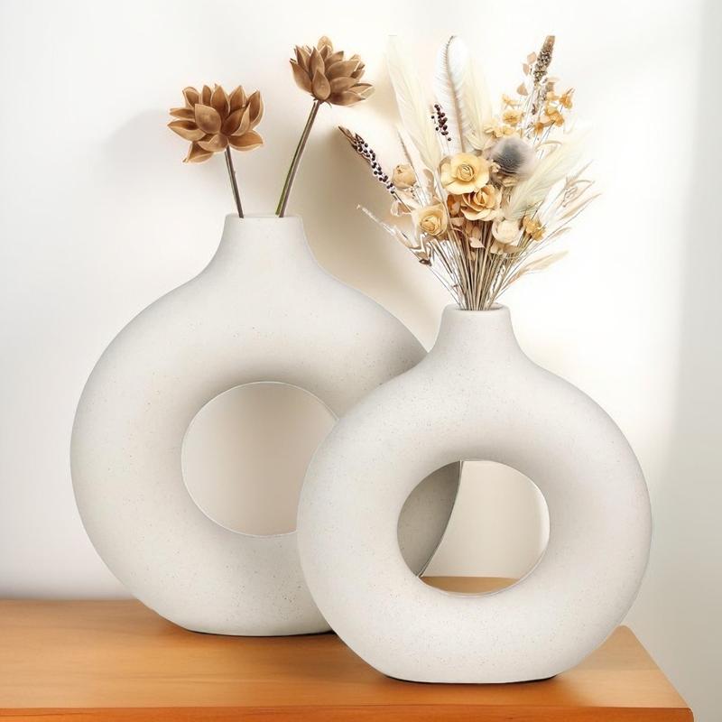 Ceramic Vase Set of 2, Off White Vases Home Decor, Hollow Round Matte Pampas Flower Vases, Boho Vase for Home Decor - Donut Vase Set of 2 Decorative