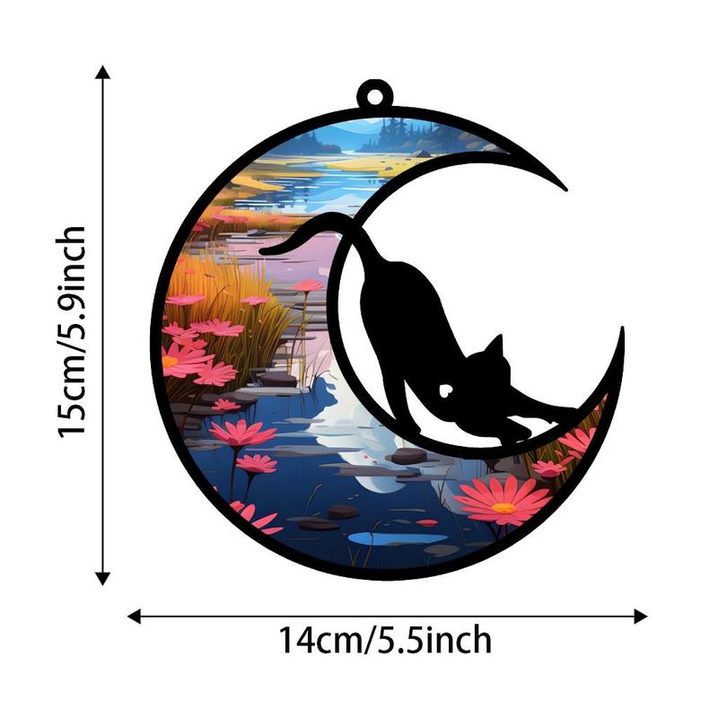 Cat & Moon Pattern Colorful Hanging Decor, 1 Set Round Hanging Decor with Chain & Hook, Wall Decor for Home Living Room Bedroom