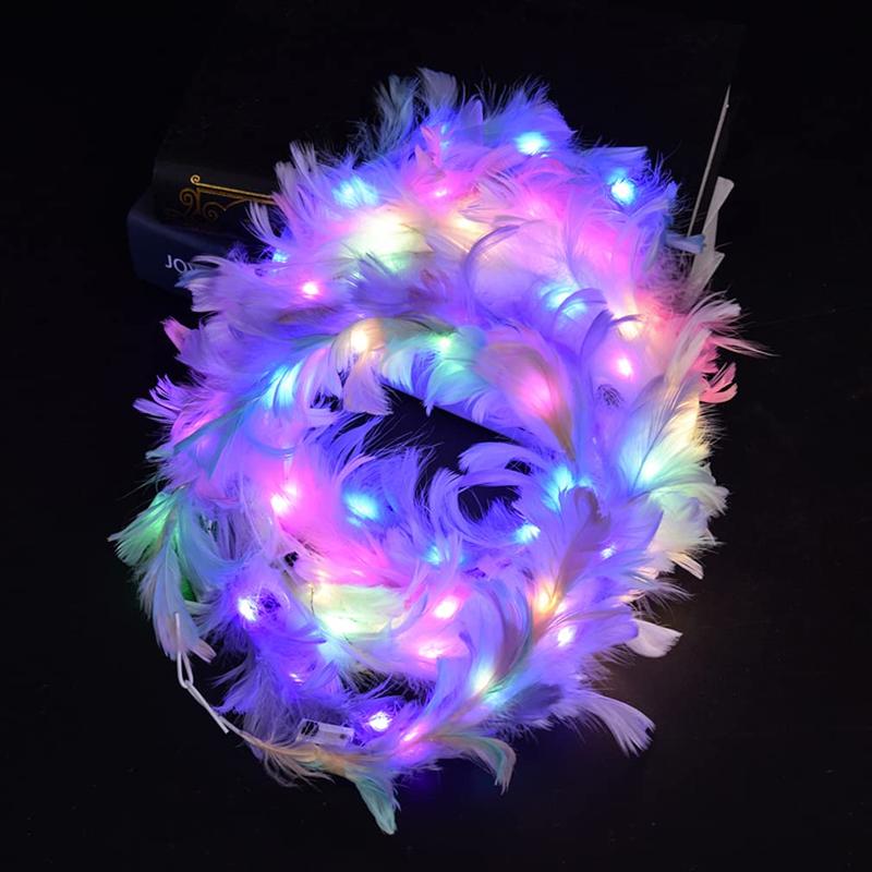 6 Pack Flower Crown, Feather Crown Headband Luminous with 10 LED Lights, Light Up Headdress with Color Changing LED Lights, Cute Flashing Decor Hair ​Accessories for  Women Wedding Festival Party