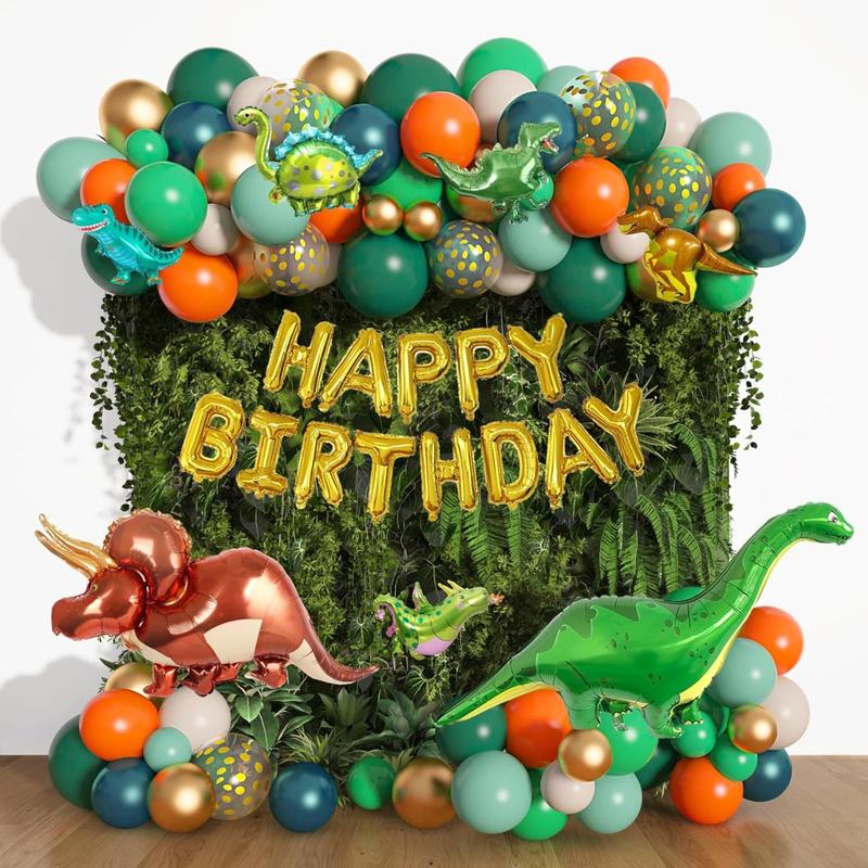 167PK Dinosaur Balloon Arch Garland Set, Grass Green Orange 8 Pieces Dinosaur Foil Balloon Happy Birthday Balloons for Jungle Adventure Dinosaur Theme Party Decoration Supplies