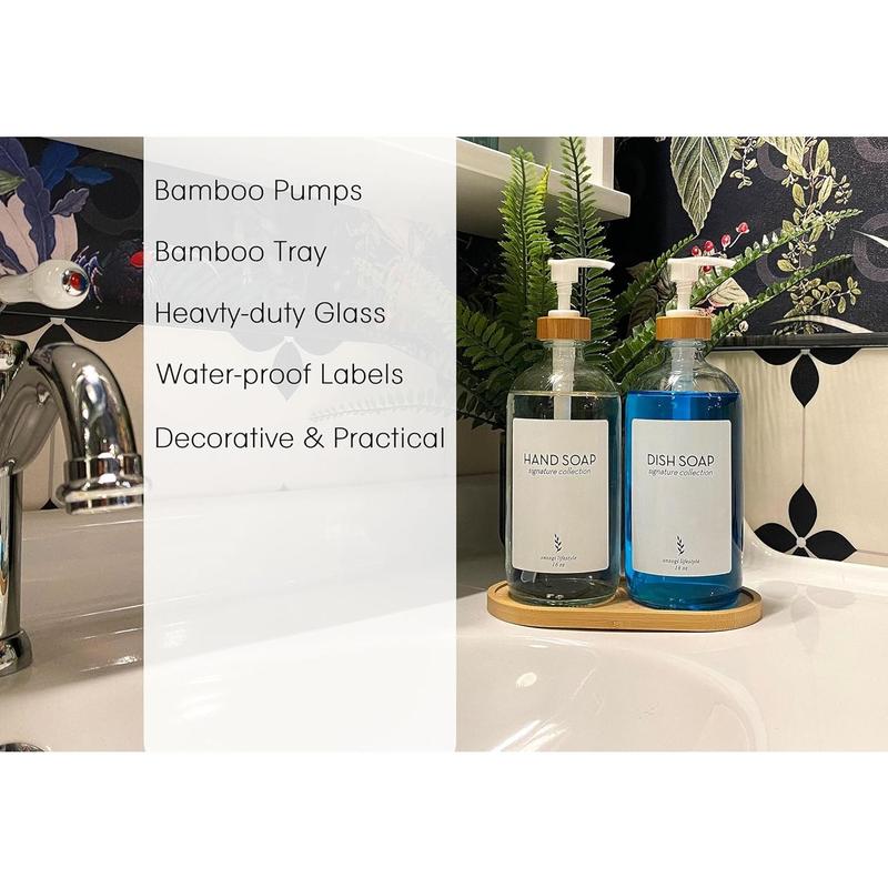 16 oz Amber Glass Soap Dispenser with Bamboo Tray, Hand Sanitizer Soap Dispenser | Dish Soap Dispenser for Bathroom Set Accessories - 2-Pack