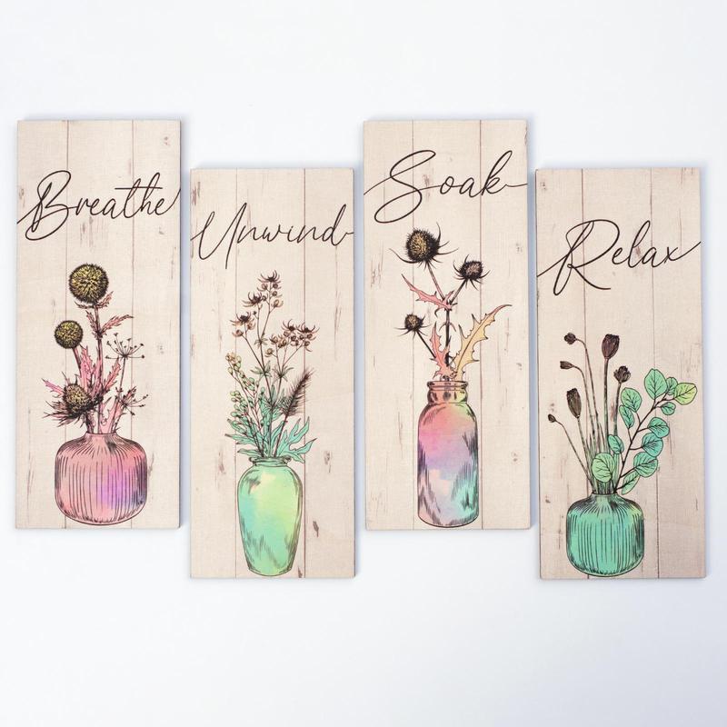 Potted Flower & Letter Pattern Wooden Hanging Sign, 4 Counts set Farmhouse Bathroom Decor, Wall Art for Home Bathroom Decoration