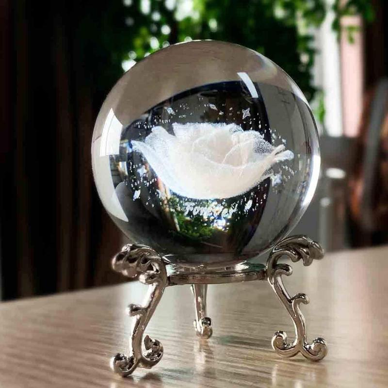 60mm 3D Inner Carving Rose Flower Crystal Ball Paperweight with Sliver Stand Fengshui Home Decor