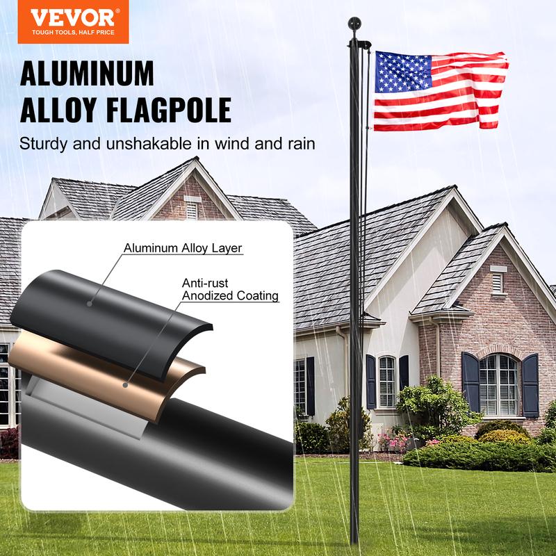 VEVOR 25FT Sectional Flag pole Kit, Heavy Duty Aluminum Alloy in Ground Flag poles for Outside, 3 Display Modes Flagpole with 3x5 American Flag, Professional Accessories, Black Banners Lightweight