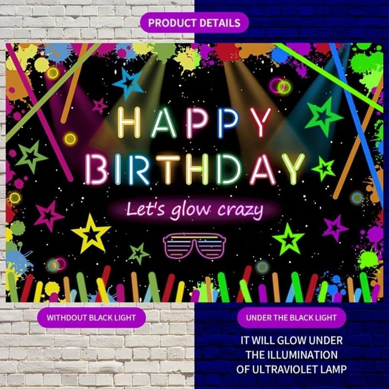 Happy Birthday Party Backdrop, 1 Count Glow in the Dark Party Background Cloth, Party Decoration Supplies for Birthday Party