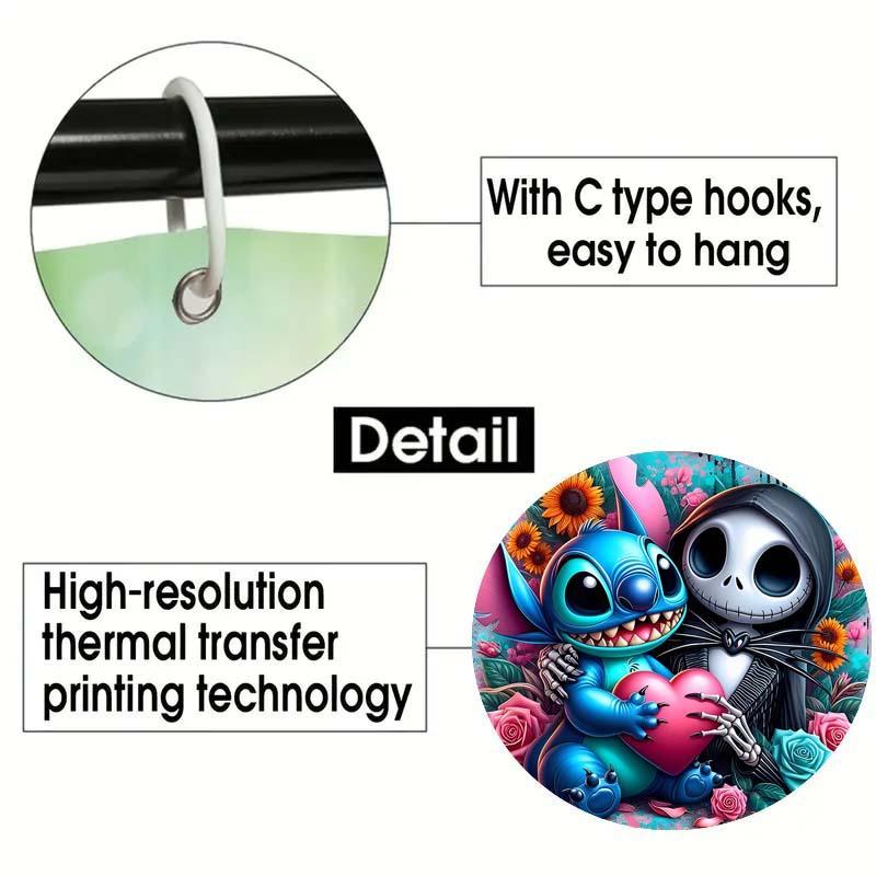 Cartoon Stitch & Jack Pattern Shower Curtain, 1 Count Waterproof Bathroom Curtain with 12 Hooks, Bathroom Decor Supplies for Home Hotel Salon Dormitory