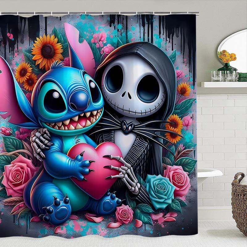 Cartoon Stitch & Jack Pattern Shower Curtain, 1 Count Waterproof Bathroom Curtain with 12 Hooks, Bathroom Decor Supplies for Home Hotel Salon Dormitory