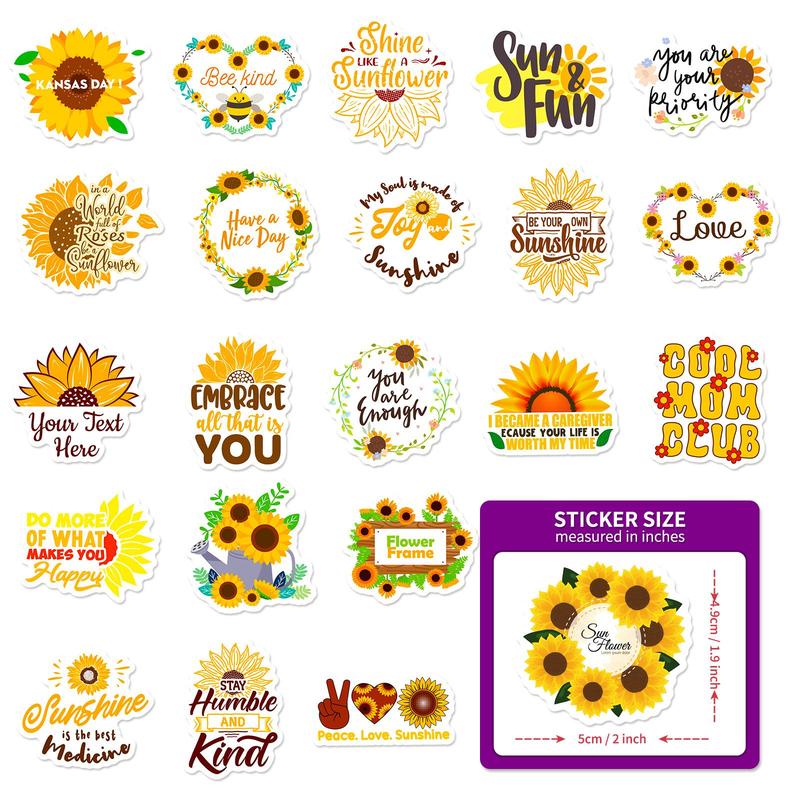 50pcs Pack Sunflower Pattern Sticker, Cute Cartoon Sticker For Phone Case, Computer, Guitar, Bag, Water Cup, Scrapbook